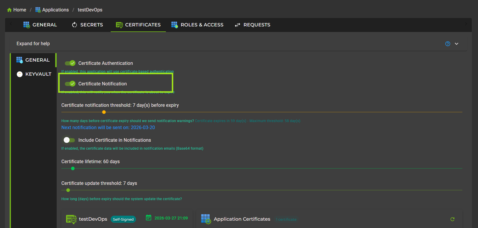 Certificate Notification Configuration