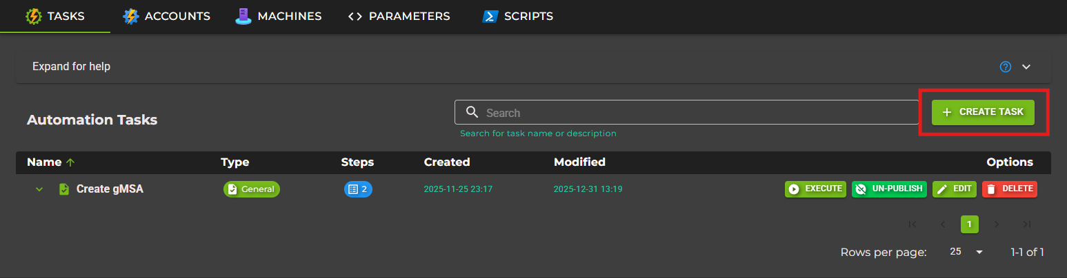 Create Automation Task Button