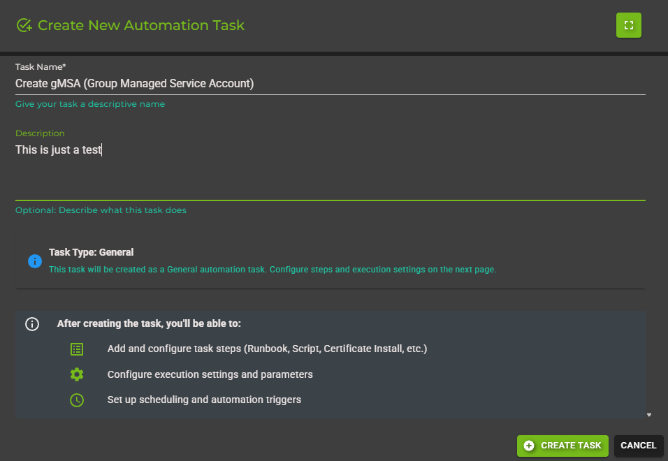 Create Automation Task Dialog