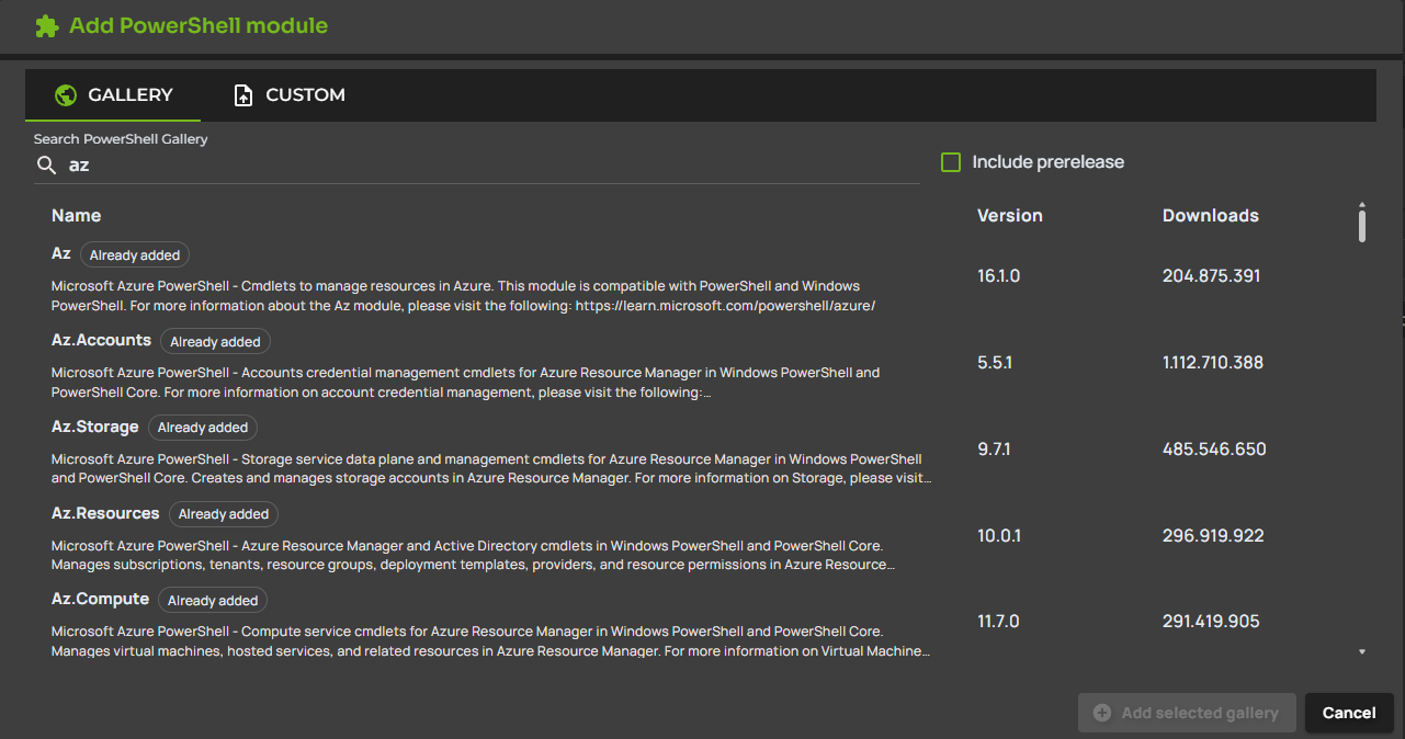 Search PowerShell Gallery in the add module dialog