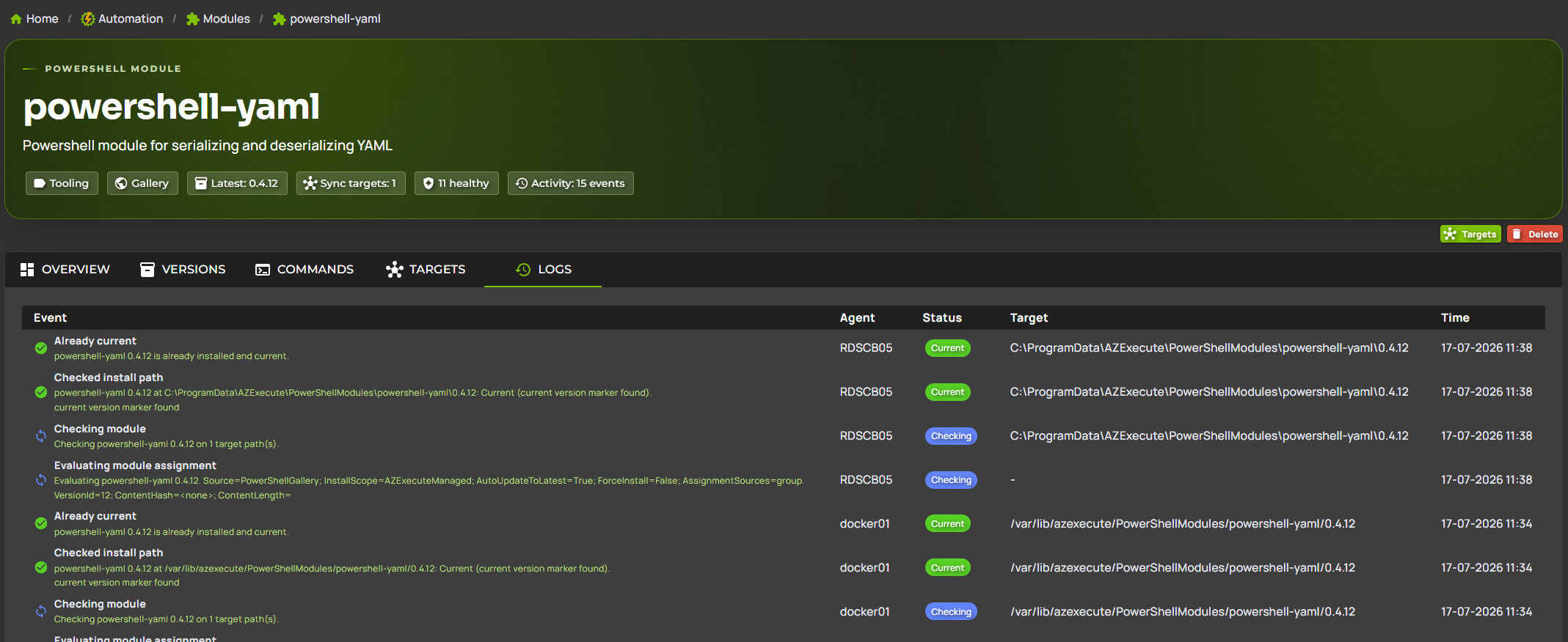 Agent PowerShell module sync logs