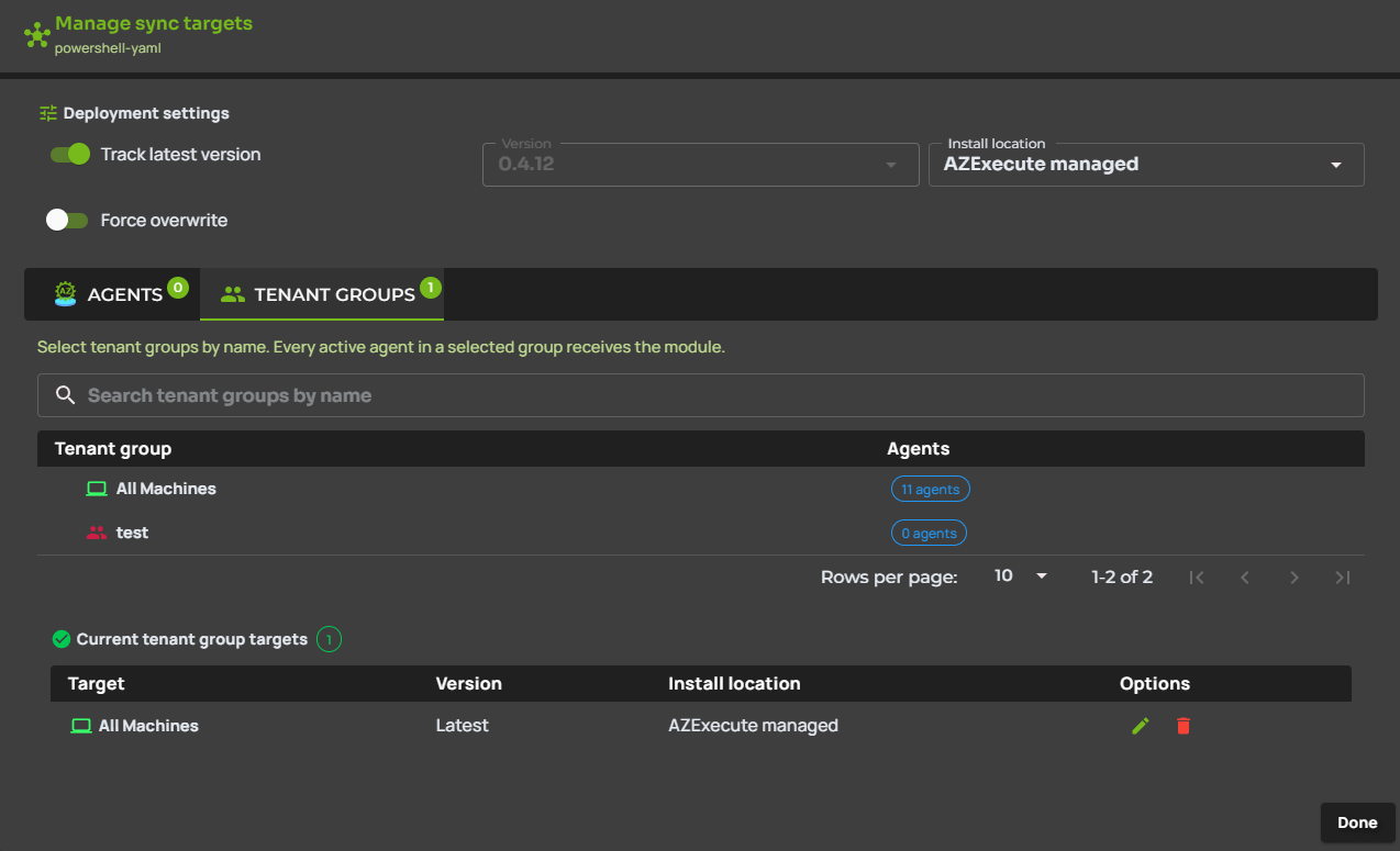 Manage PowerShell module sync targets dialog