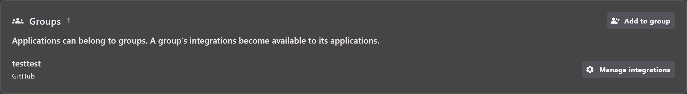 General tab showing an application group with a GitHub integration and Manage integrations