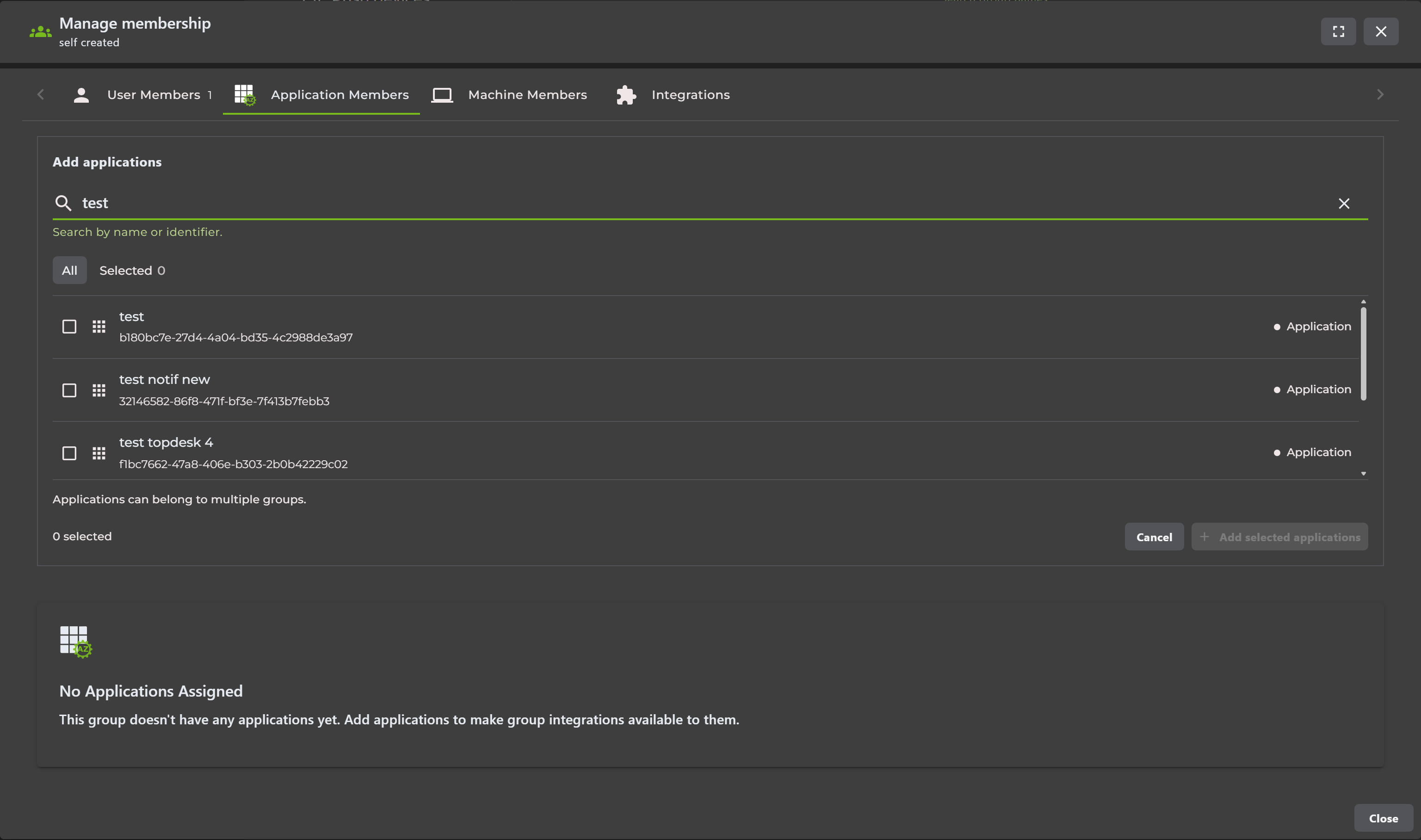 Application Members picker filtered to test applications