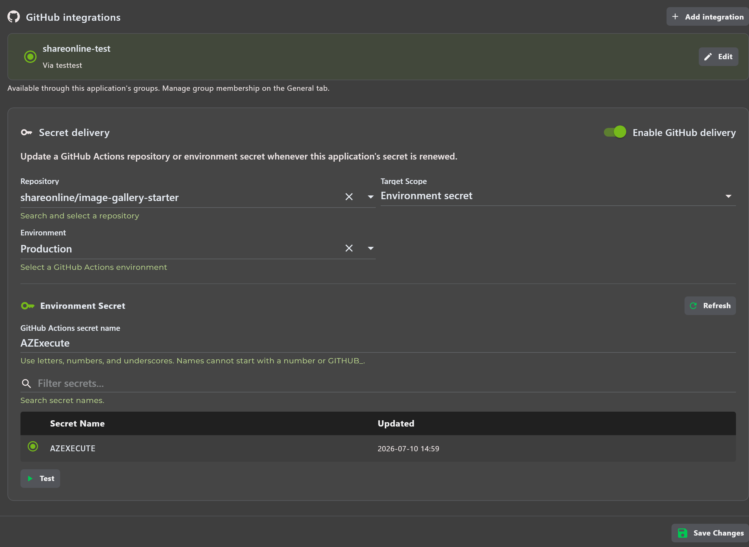 Complete GitHub workspace showing its source group, integration selection, Add, Edit, delivery settings, and Save Changes