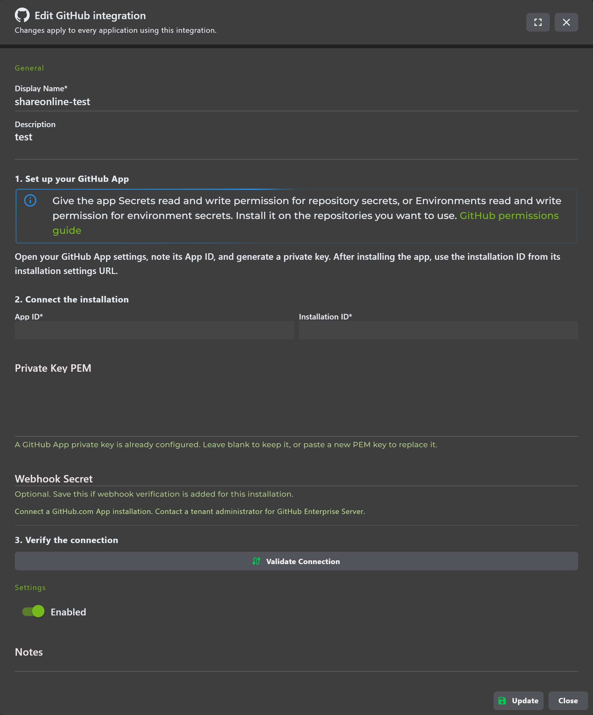 Complete GitHub edit dialog showing the blank private key field, retention guidance, validation, and Update action