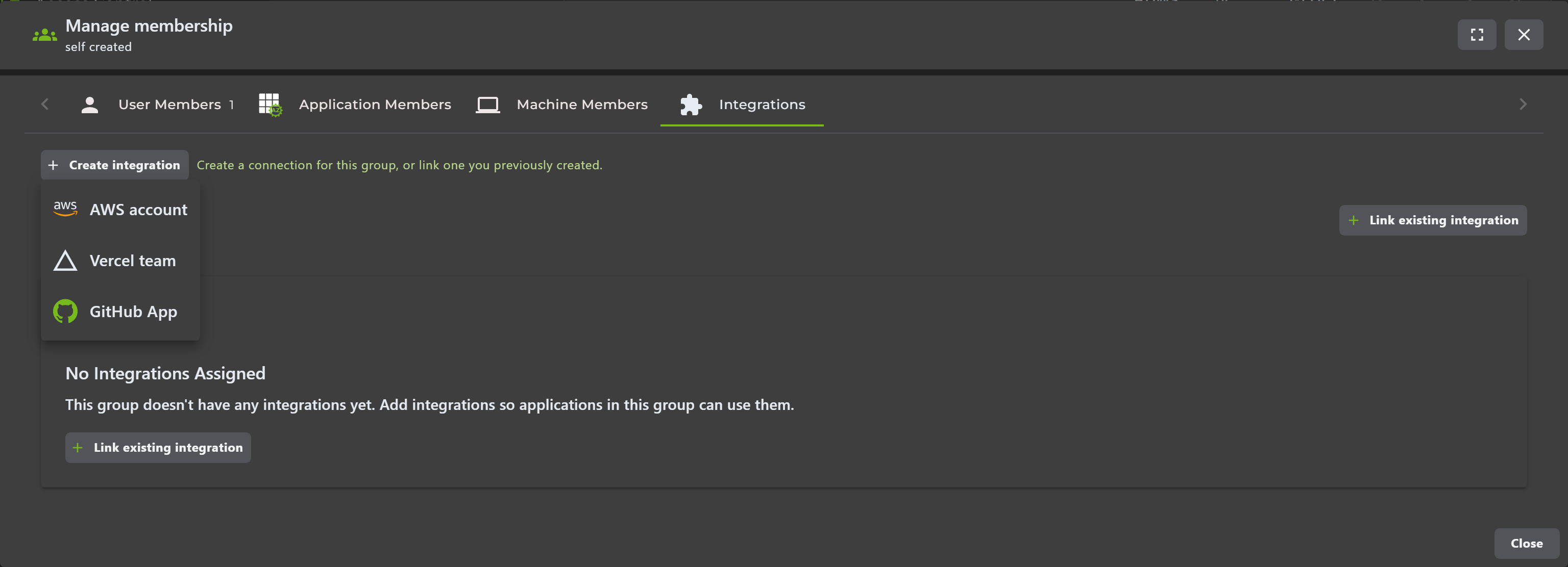 Group Integrations tab with Create integration choices for AWS, Vercel, and GitHub
