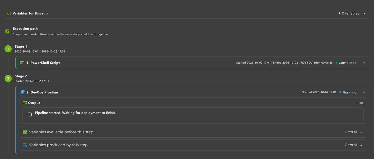 Example execution timeline showing completed and running deployment steps